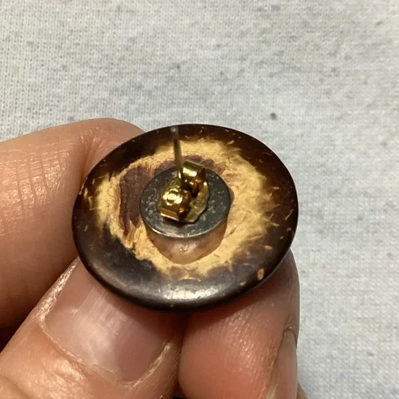 Dangle Earrings Bohemian Brown & Cream Wooden Button Style Vintage - Picture 4 of 10